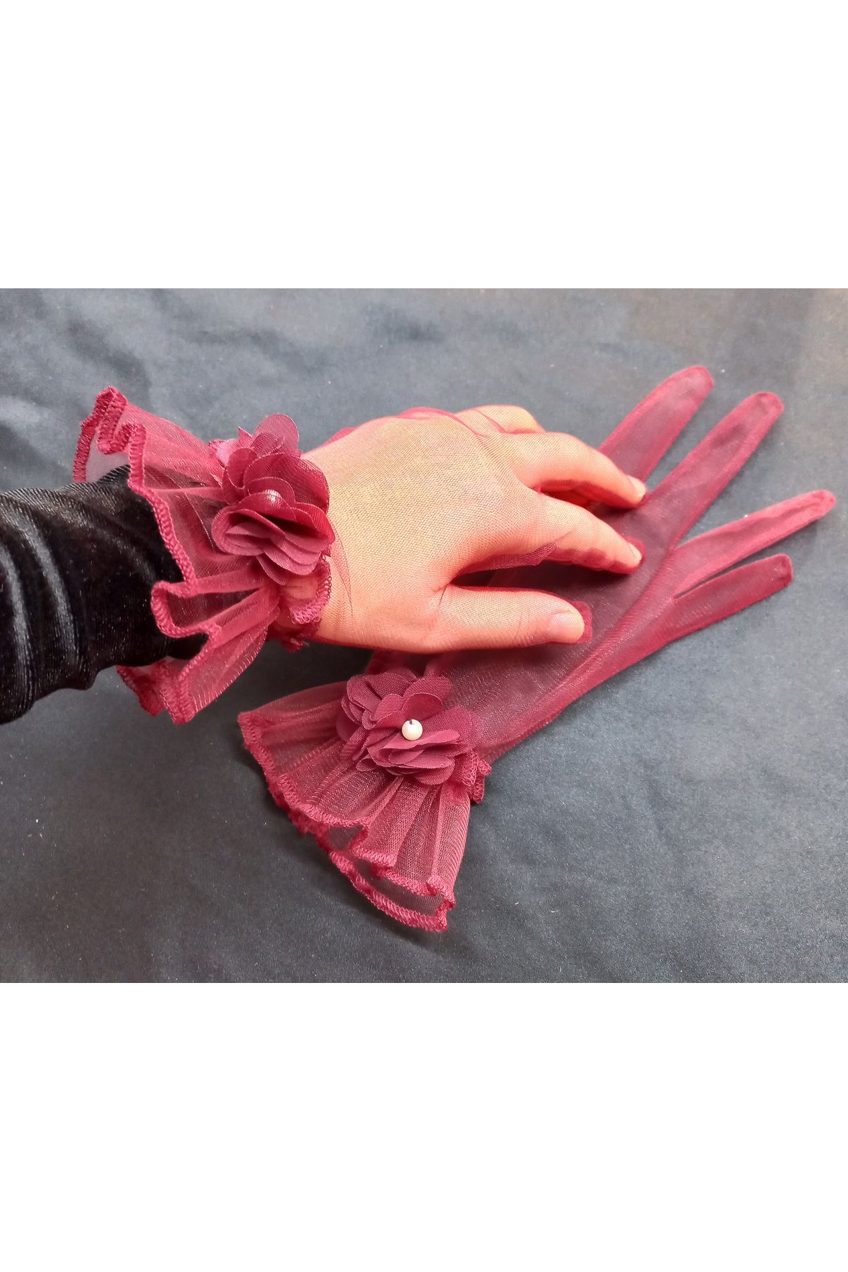 es moda shop-Camelia floral ruffle bridal gloves short burgundy 3