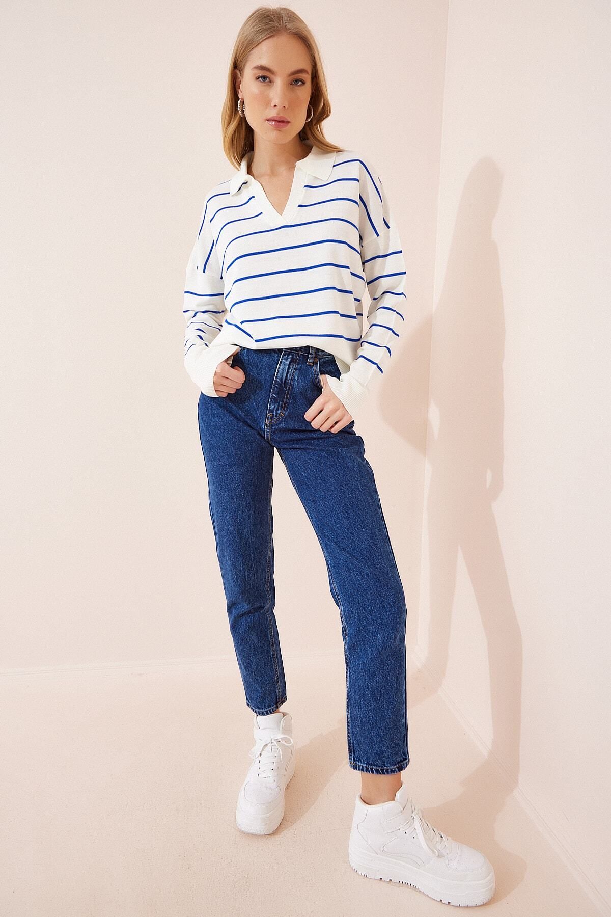 My love butik-Women's Ecru Dark Blue Striped Polo Collar Seasonal Knitwear Sweater 5