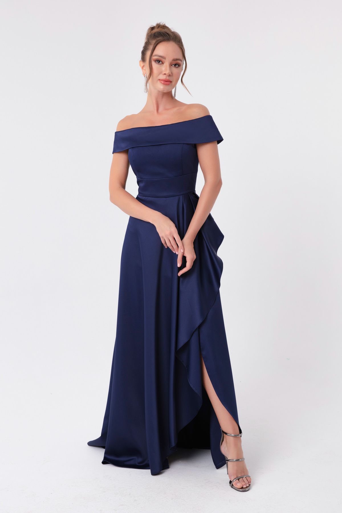 Lafaba Women s Navy Blue Boat Neck Satin Evening Dress