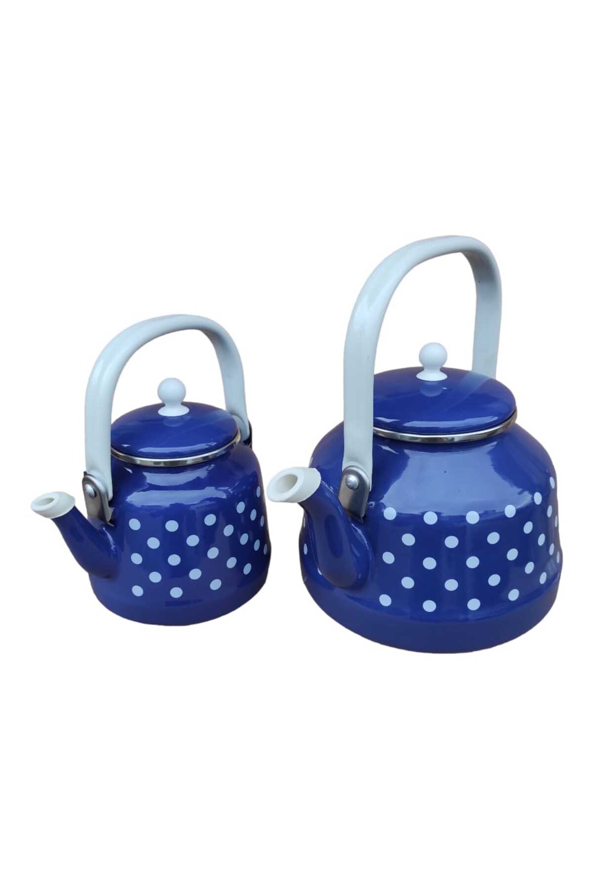 Emaye Çaydanlık Takımı mavi Puantiyeli Çaydanlık Takımı 3.5 Litre Üstten Tutmalı