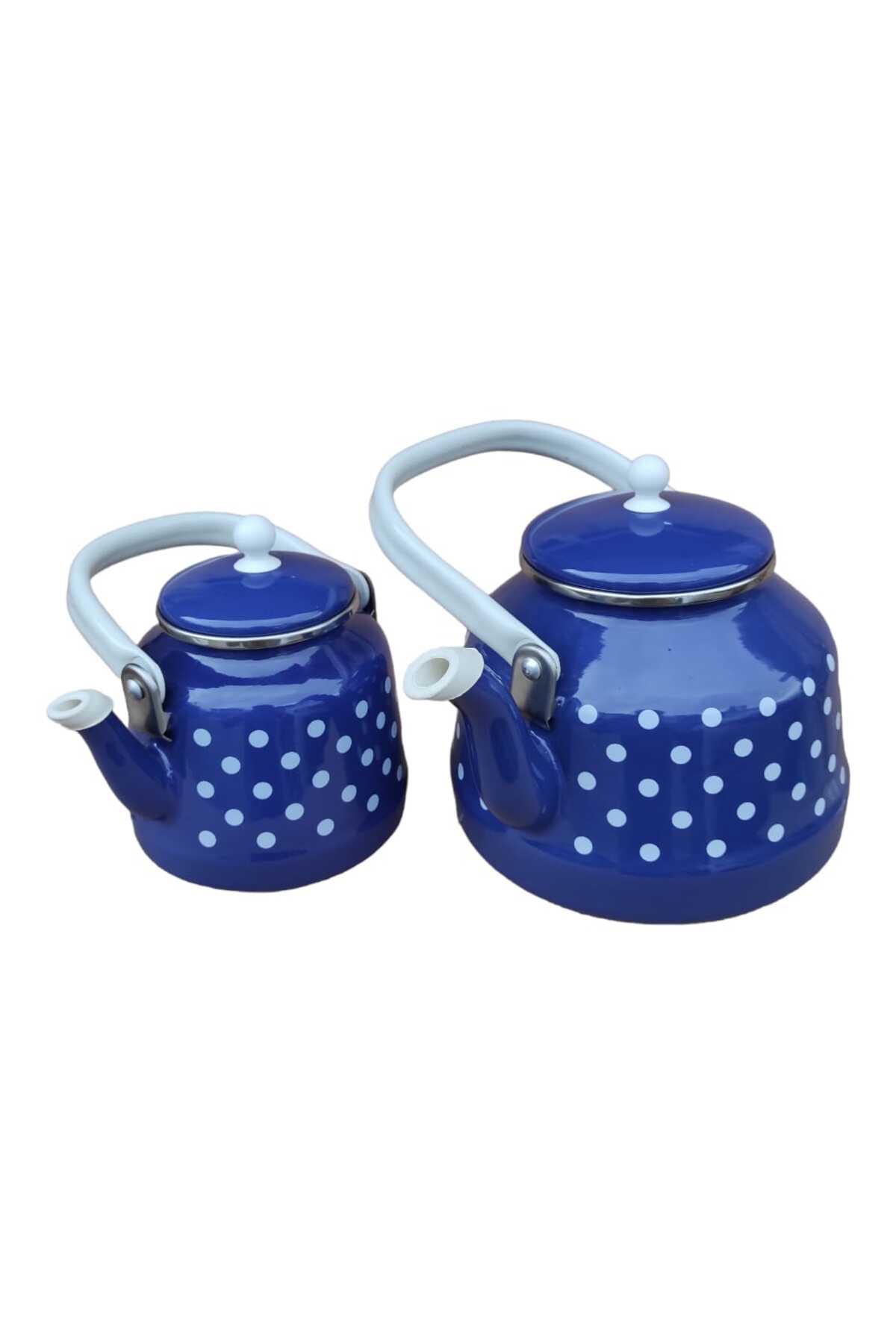 Emaye Çaydanlık Takımı mavi Puantiyeli Çaydanlık Takımı 3.5 Litre Üstten Tutmalı