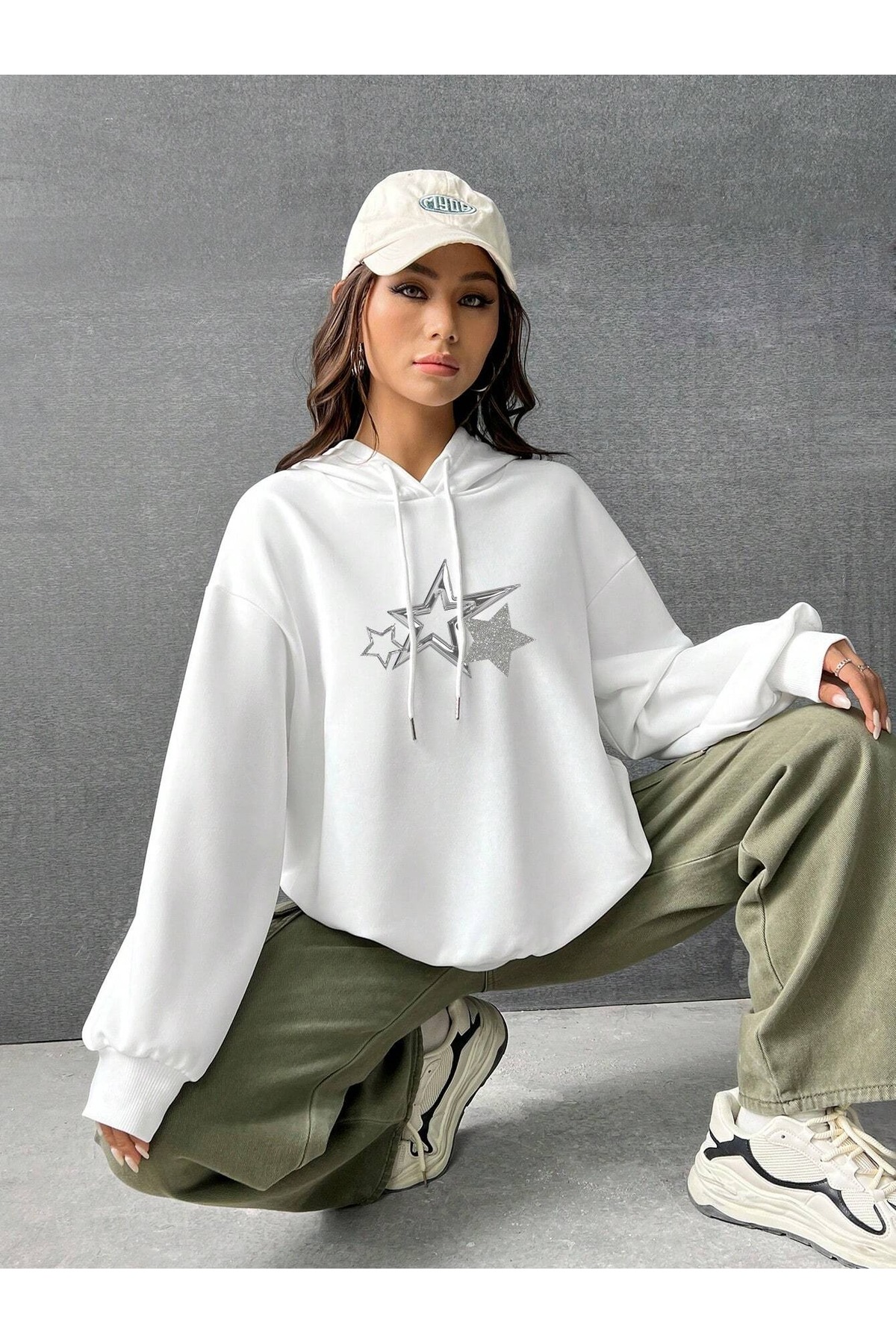 Women's White Three Star Printed Hoodie Sweatshirt