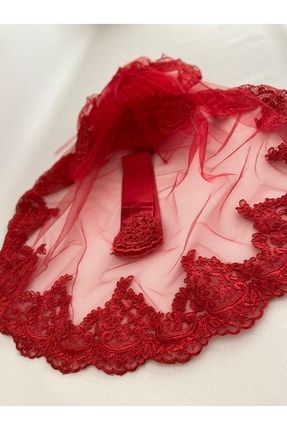 Kırmızı Zarif Güpürlü Gelin Duvak Kuşak Eldiven Komple Set Kına Gecesi Düğün ADEZARİF