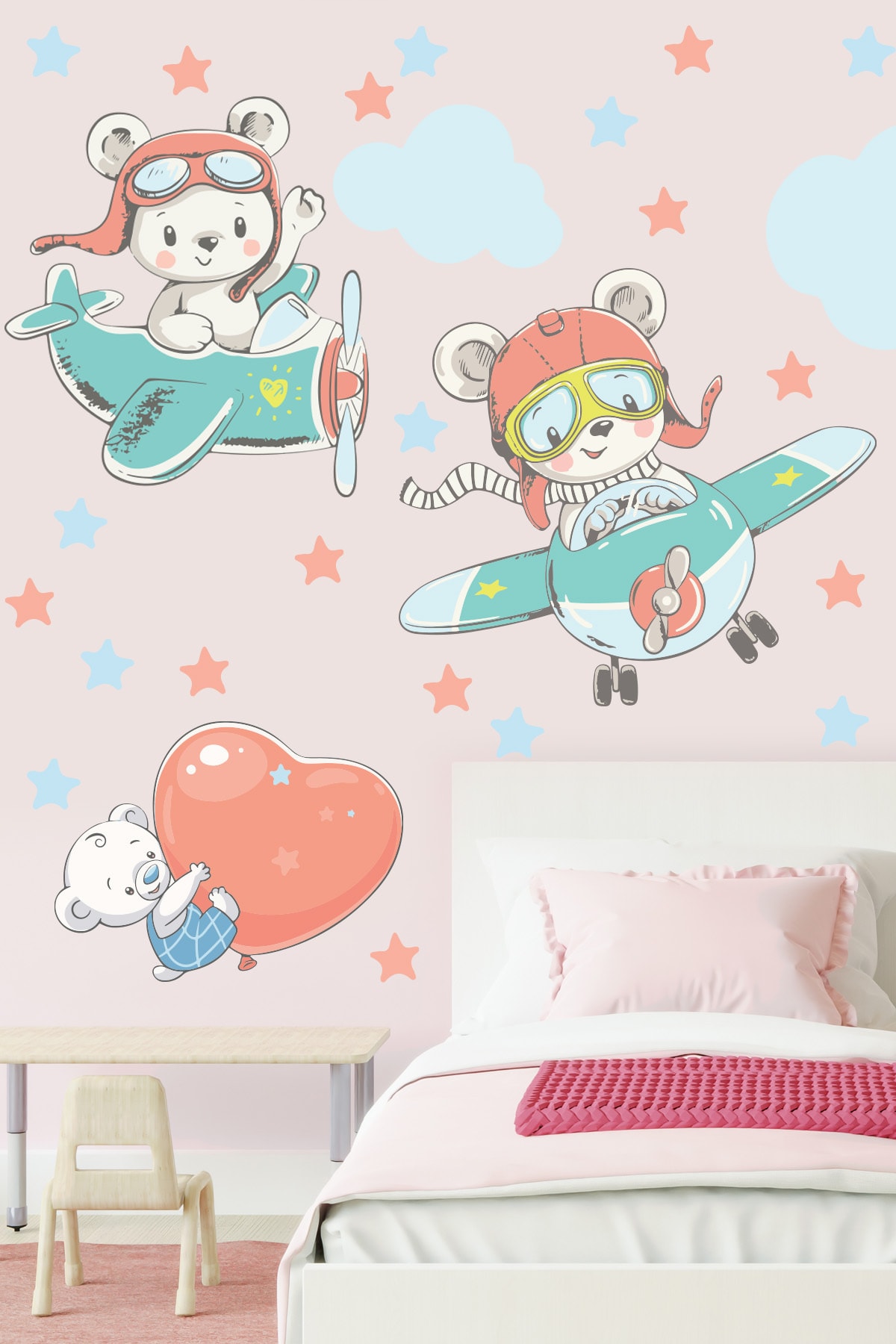 Sevimli Pilot Ayıcıklar Bulutlar Ve Yıldızlar Çocuk Odası Duvar Sticker Seti