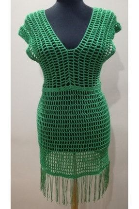 Kadın Yeşil El Örgüsü Delikli Plaj Elbisesi 31Plaj Elbisesi
