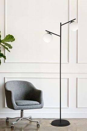 Renji 2li Siyah Beyaz Camlı Modern Dekoratif Tasarım Oturma Odası-Salon Lambader 3698-1L-BL