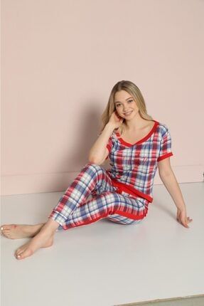 Kadın Kırmızı Likralı Viskon Kısa Kollu Pijama Takımı 5920