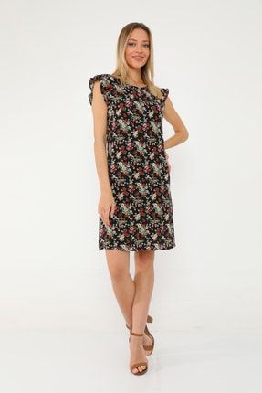 Sırtı Biyeli Volan Kol Çiçek Desenli Elbise ETS0512
