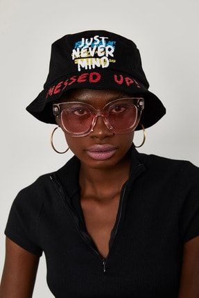 Kadın Siyah Yazılı Bucket Şapka 1YZK9-11834-02