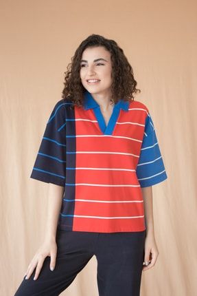 Kadın Çizgili Colorblock Polo T-shirt K-T-0919-05 51449