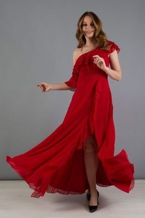 Kırmızı Şifon Omuzdan Volanlı Yırtmaçlı Abiye Elbise C55646