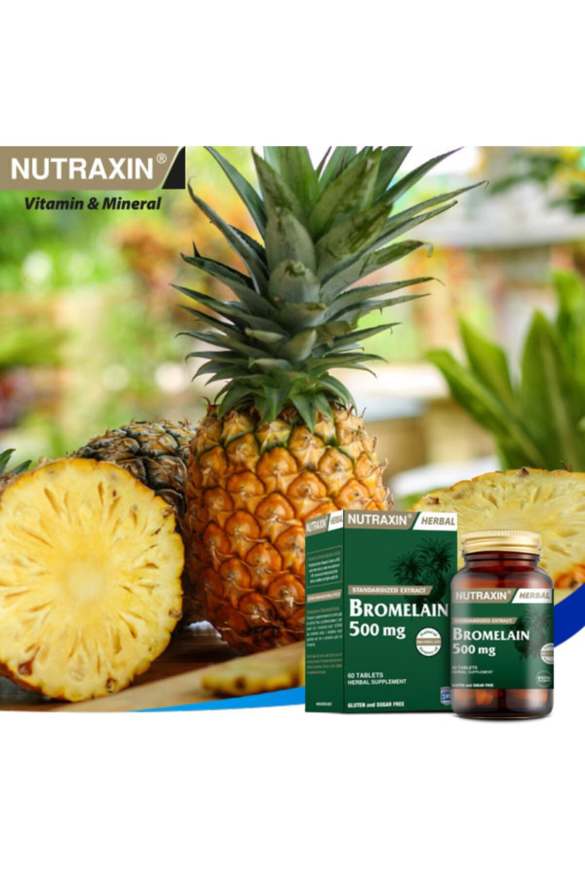 بروملین 500 میلی گرم 60 قرص + جعبه قرص Nutraxin اورجینال - تصویر 3