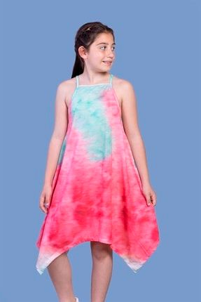 Kız Çocuk Nar Çiçeği Batik Desenli Asimetrik Elbise 11284-
