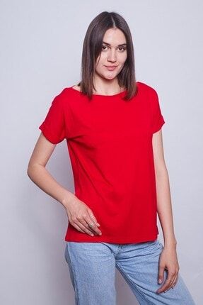 Kadın Kırmızı Kayık Yaka Düşük Omuzlu Duble Kol Tshirt- 28021