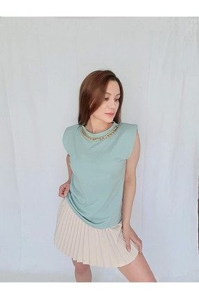 Kadın Mint Yeşili Zincir Detay Basic T-shirt 401