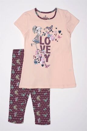 Kız Çocuk Love Baskılı Kaprili Pijama Takımı 9282 Somon