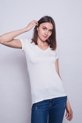 Kadın Ön Arka V Yaka Sırtı Çapraz Biyeli Penye Likralı Tshirt 20257