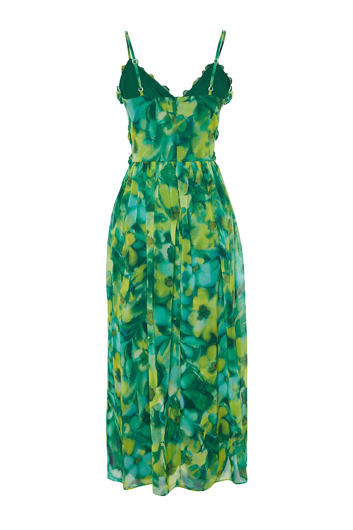 Trendyol Collection-Grünes A-Cut-Maxikleid aus gewebtem Chiffon mit Blumenmuster, Rüschendetail und Futter TWOSS23EL02013 8