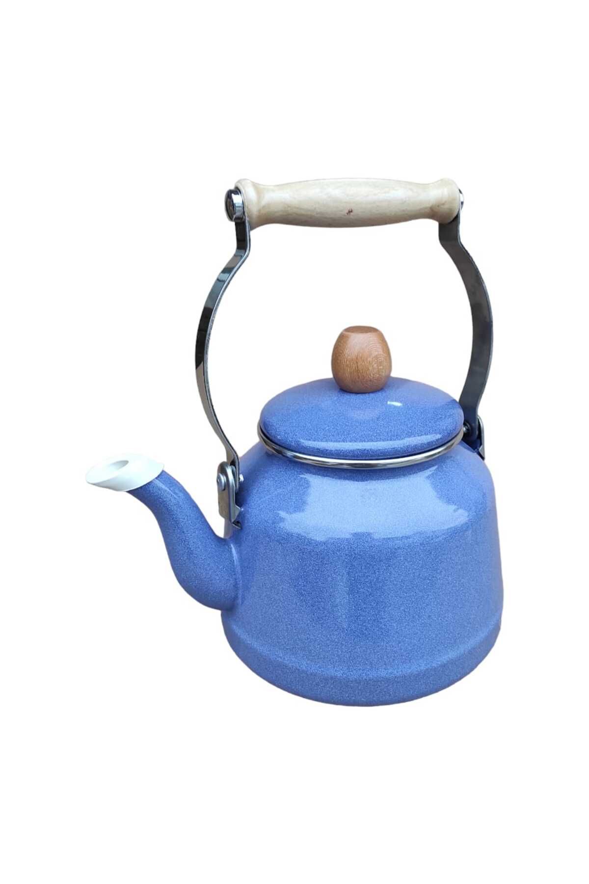 Ahşap Saplı Üstten Tutmalı Vintage Emaye Demlik 2.5 Litre Mavi Çaydanlık