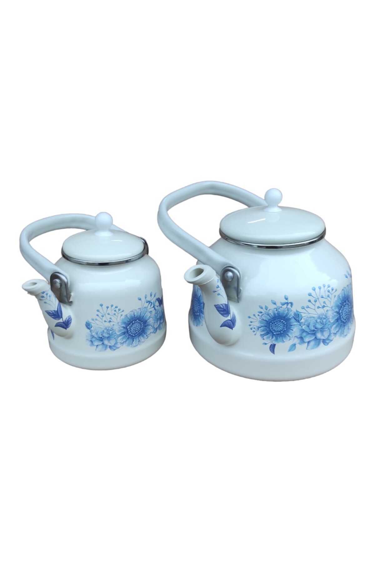 Vintage Emaye Çaydanlık Takımı mavi çicekli