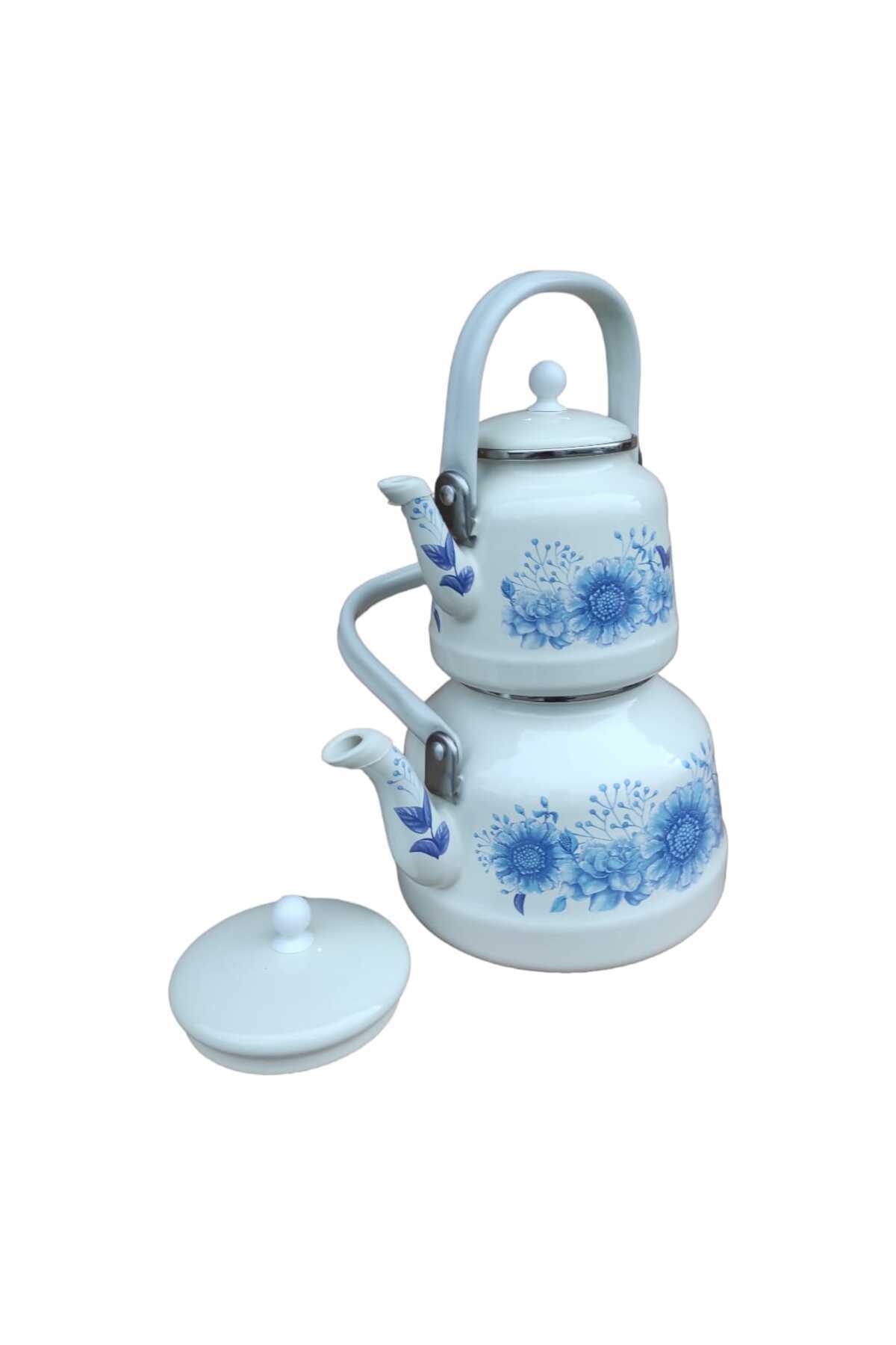 Vintage Emaye Çaydanlık Takımı mavi çicekli