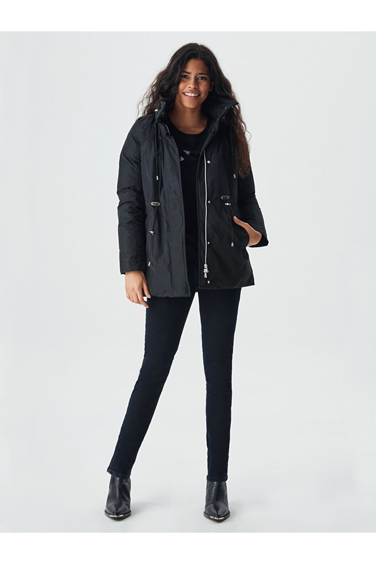 Stand-up Collar Black Coat with Pockets