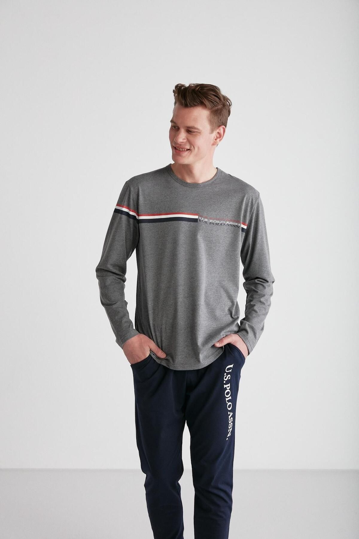 ست پیژامه خاکستری مردانه لباس خواب یقه گرد آنتراسیت U.S. Polo Assn.