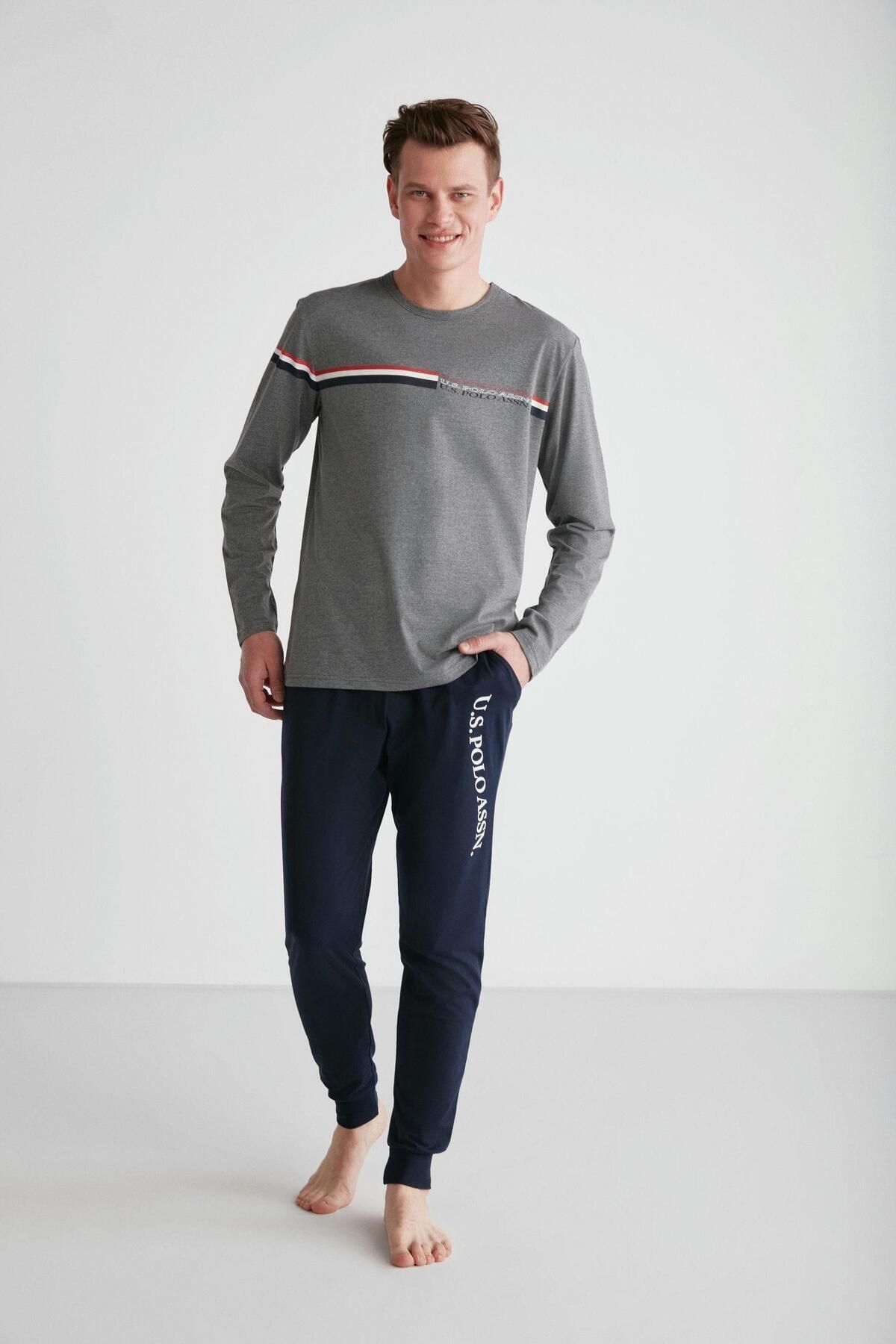 ست پیژامه خاکستری مردانه لباس خواب یقه گرد آنتراسیت U.S. Polo Assn.