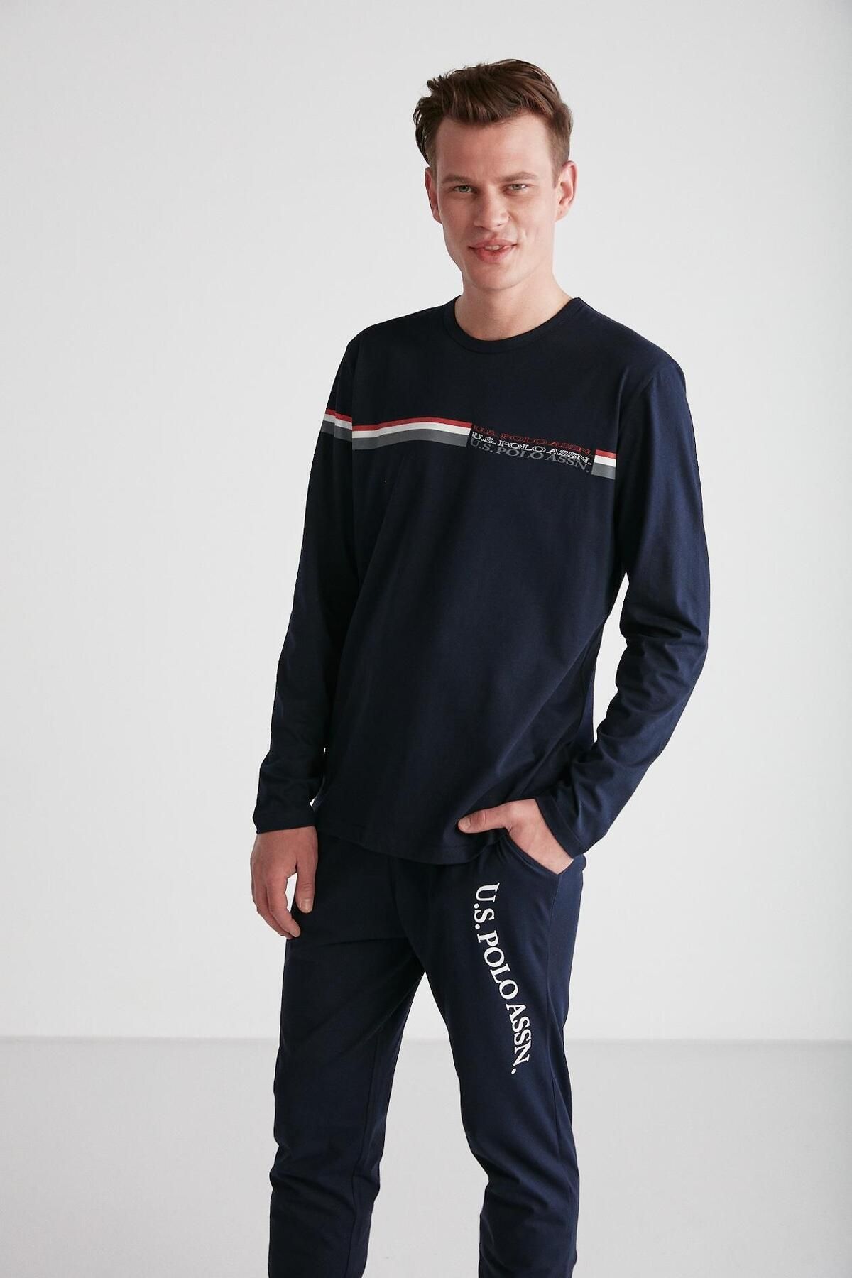 ست پیژامه آبی مردانه لباس خواب یقه گرد سرمه ای U.S. Polo Assn.