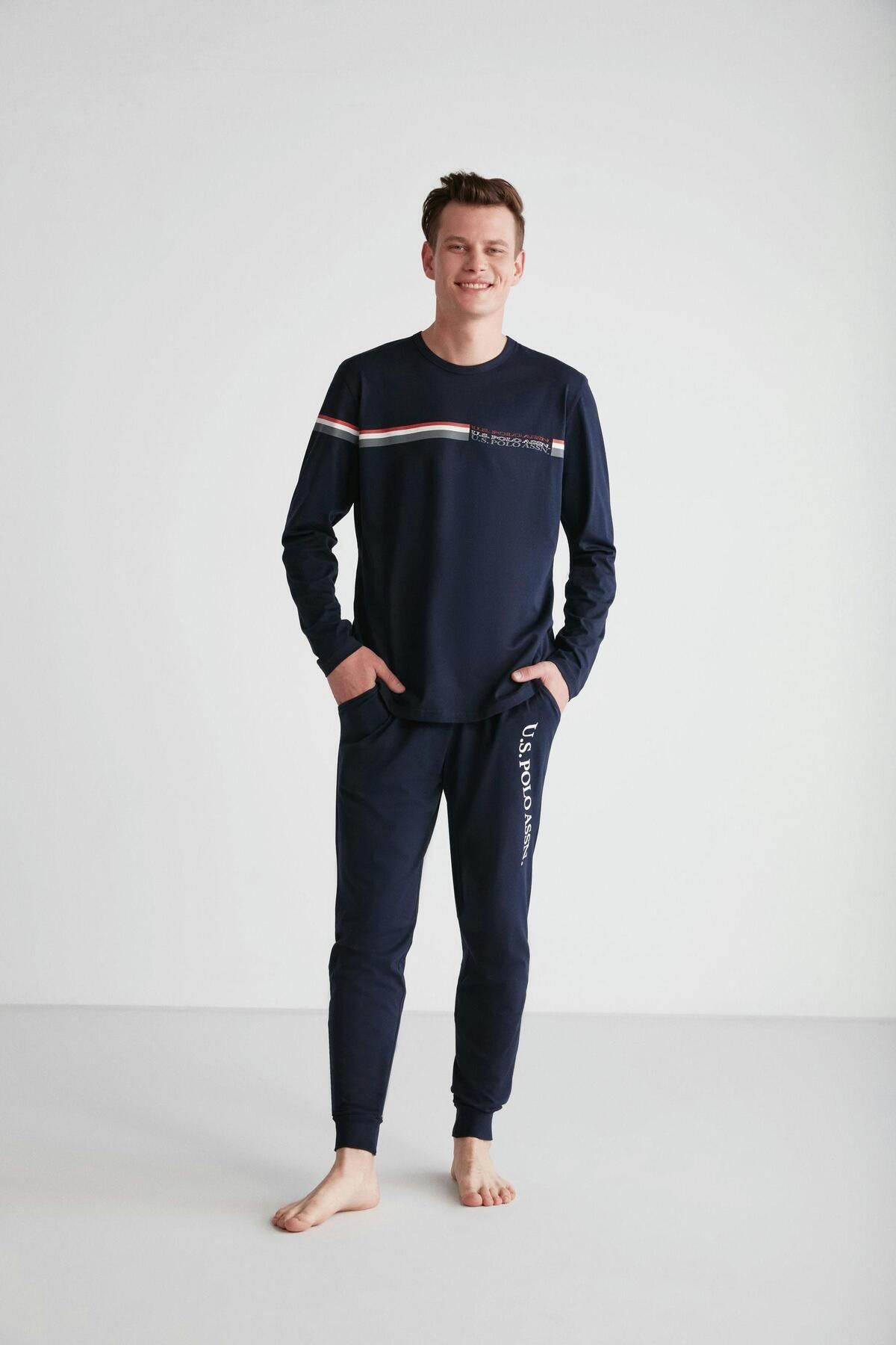 ست پیژامه آبی مردانه لباس خواب یقه گرد سرمه ای U.S. Polo Assn.