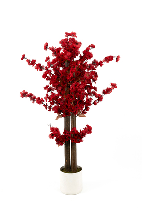 YAPAY ÇİÇEKÇİNİZ Beyaz Saksıda 100 Cm Bordo Renkli Yapay Bahardalı Ağacı