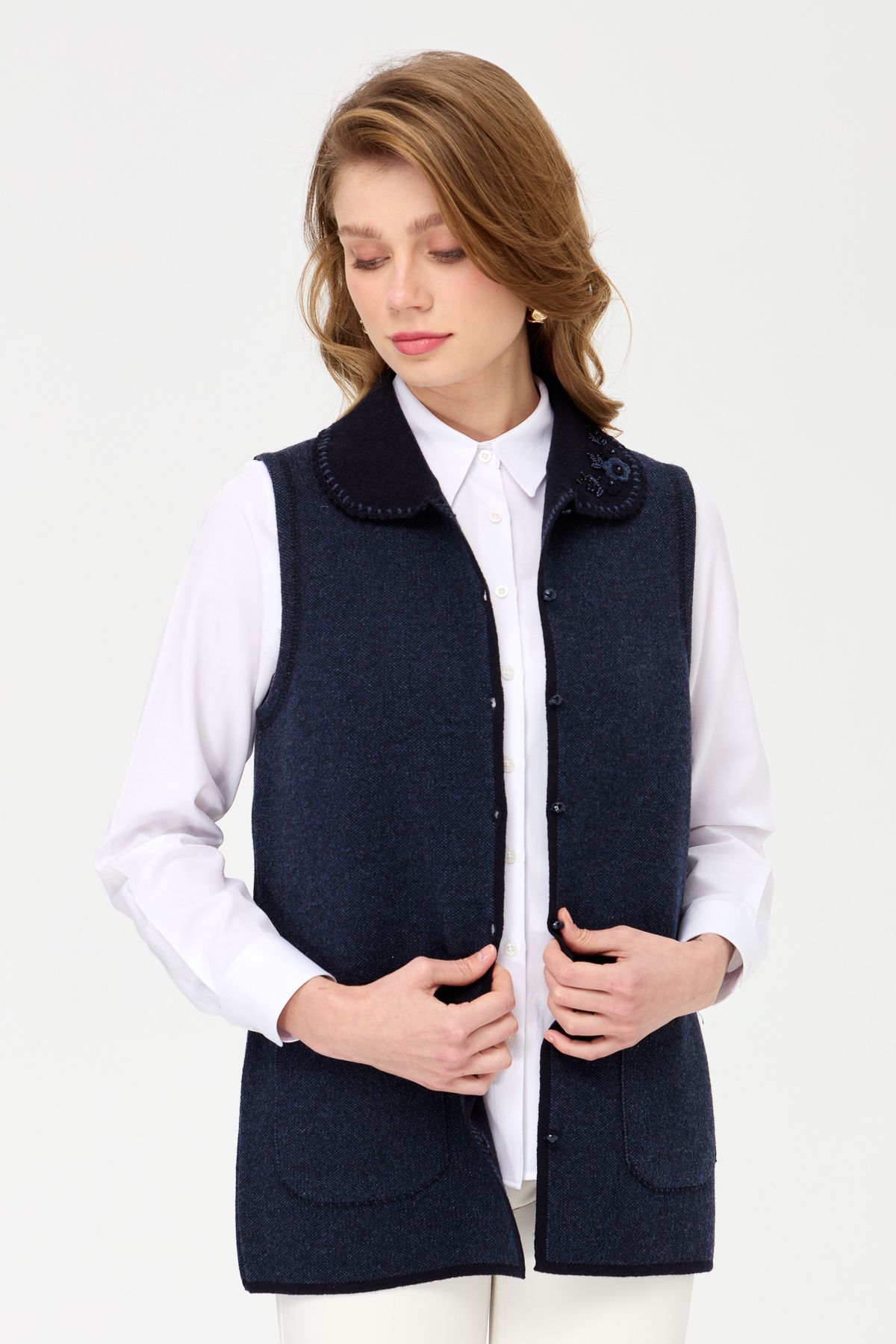 Desen Triko Women s Polo Collar and Pocket Crocheted Wool Vest Dark Blue