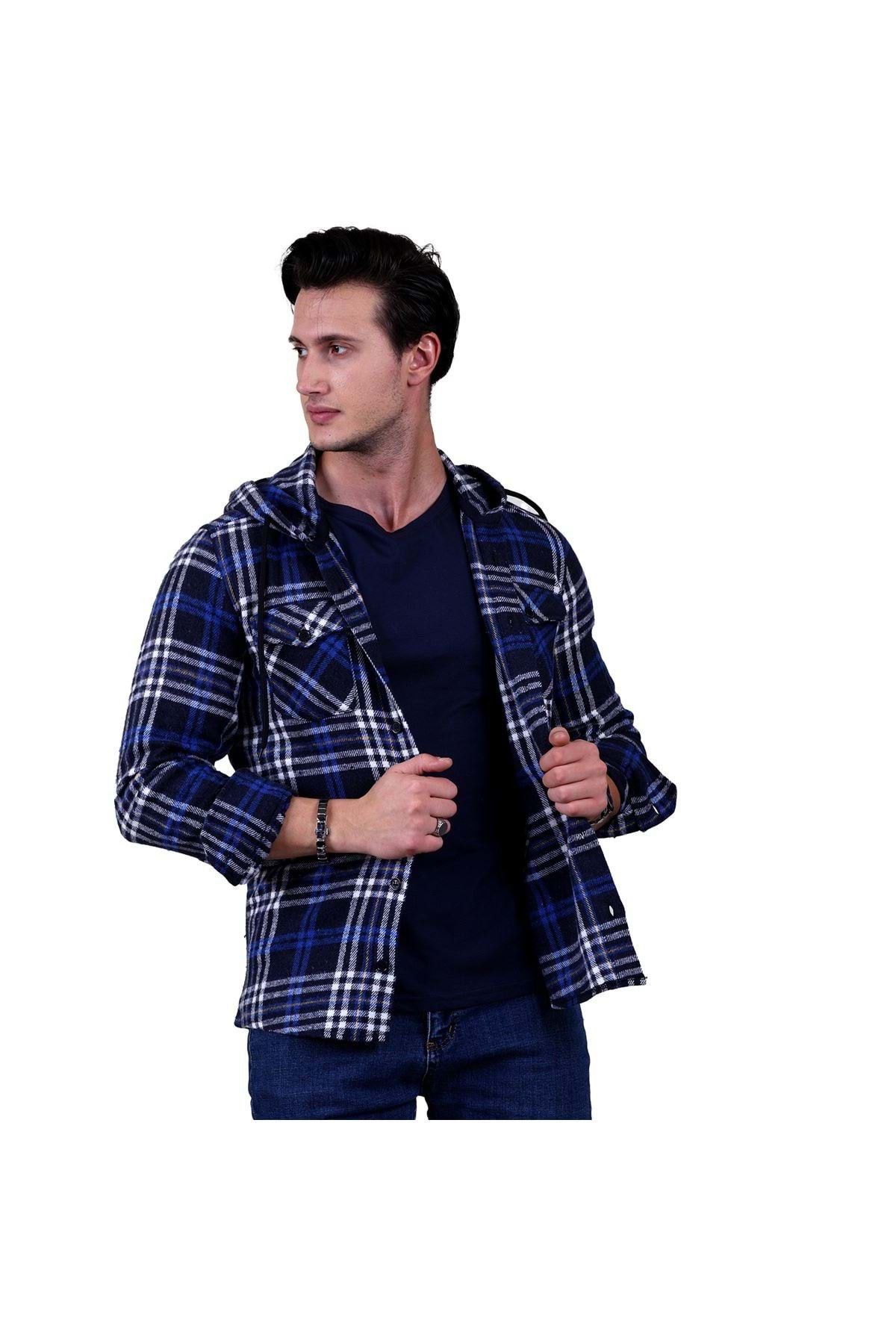 Exve Exclusive Blue White Navy Blue Plaid Hooded Double Pocket