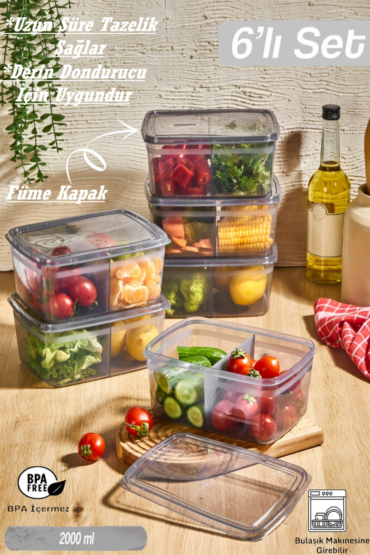 Bayev 6 Adet Duo Füme 2 Bölmeli Erzak Saklama Kabı - Kapaklı Bakliyat Kutusu-Derin Dondurucuya Uygun