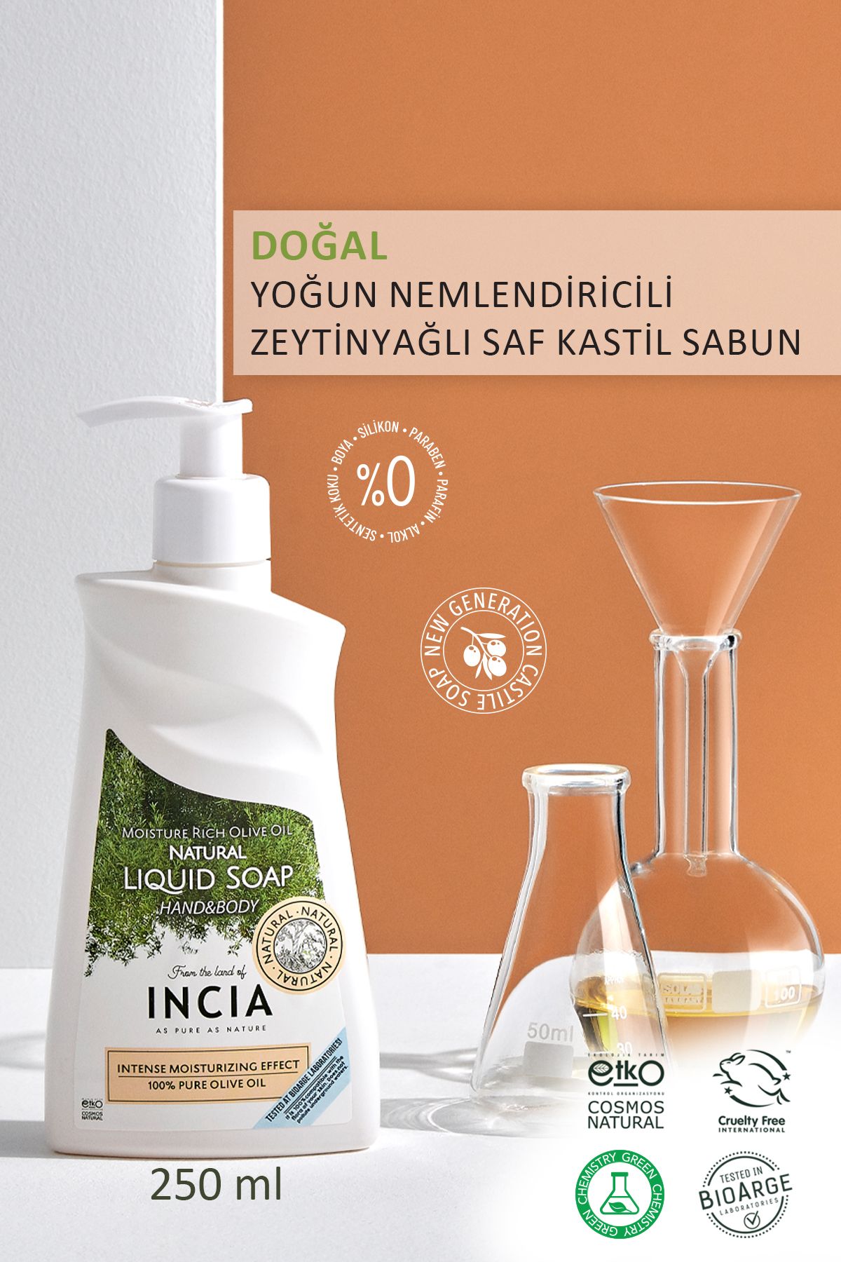 صابون مایع کاستیل 100% طبیعی روغن زیتون مرطوب کننده قوی 10 روغن گرانبهای گیاهی وگان 250 میلی لیتر INCIA