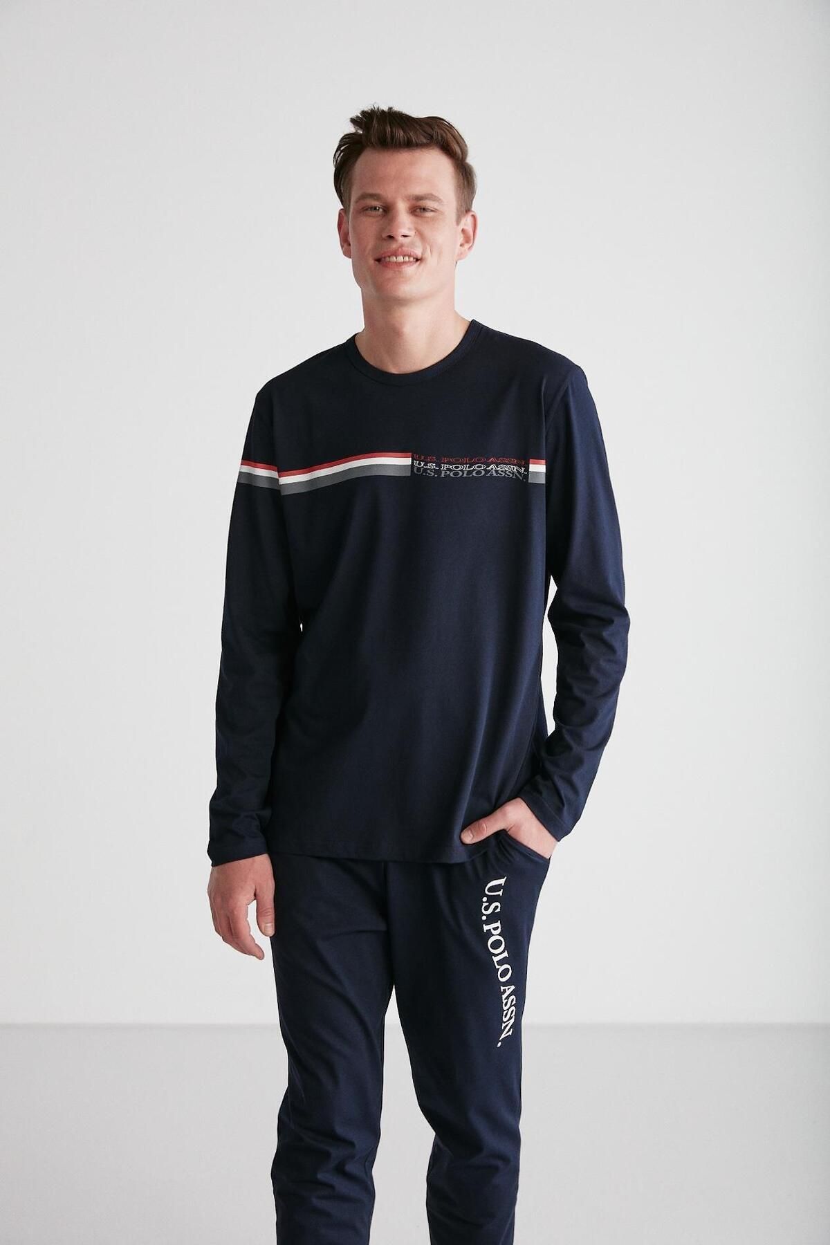 ست پیژامه آبی مردانه لباس خواب یقه گرد سرمه ای U.S. Polo Assn.