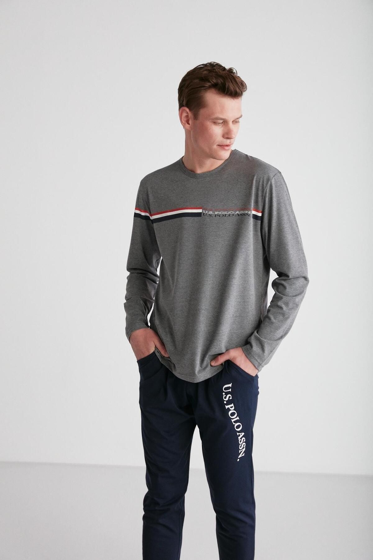 ست پیژامه خاکستری مردانه لباس خواب یقه گرد آنتراسیت U.S. Polo Assn.