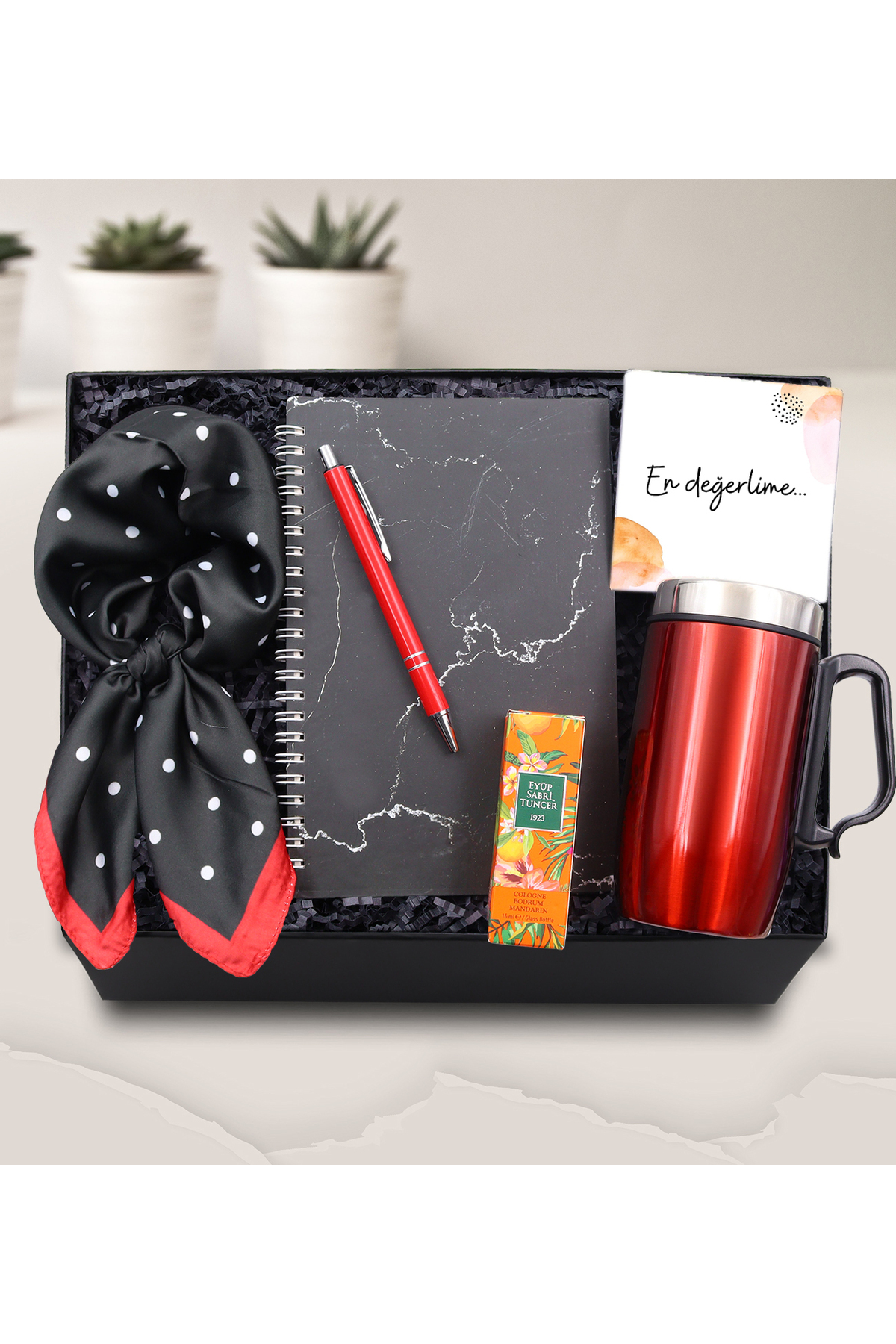 Trendmiya Mermer Defter-Kırmızı Tükenmez Kalem-280ml Kırmızı Termos-Puantiyeli Fular-Mini Kolonya Hediye Seti