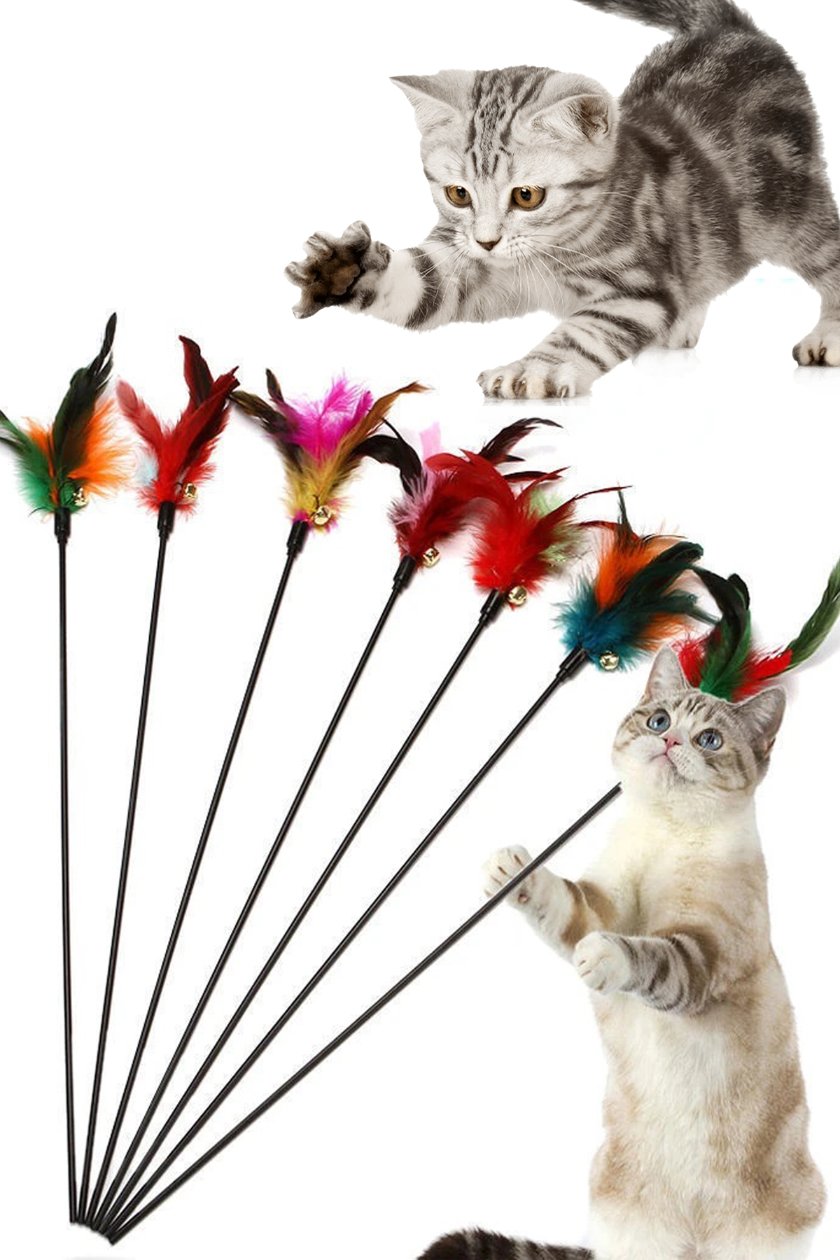 Zeyd Ticaret Renkli Çıngıraklı Tüylü Kedi Oyun Çubuğu Doğal Çubuklu Tüylü Çıngıraklı Kedi Oltası Kedi Oyuncağı