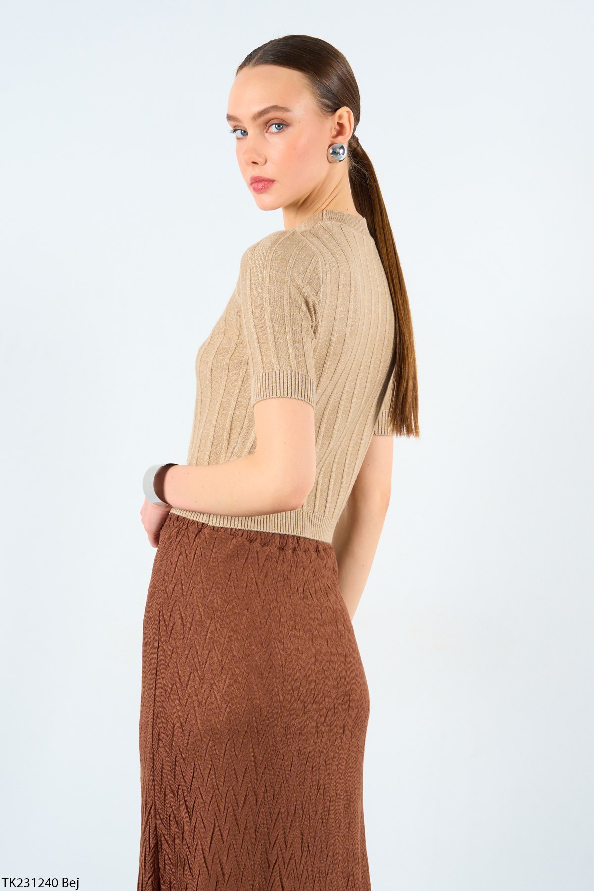 Liora  Kadın Bej Kısa Kollu Fitilli Crop Basic Kazak - Görsel 3