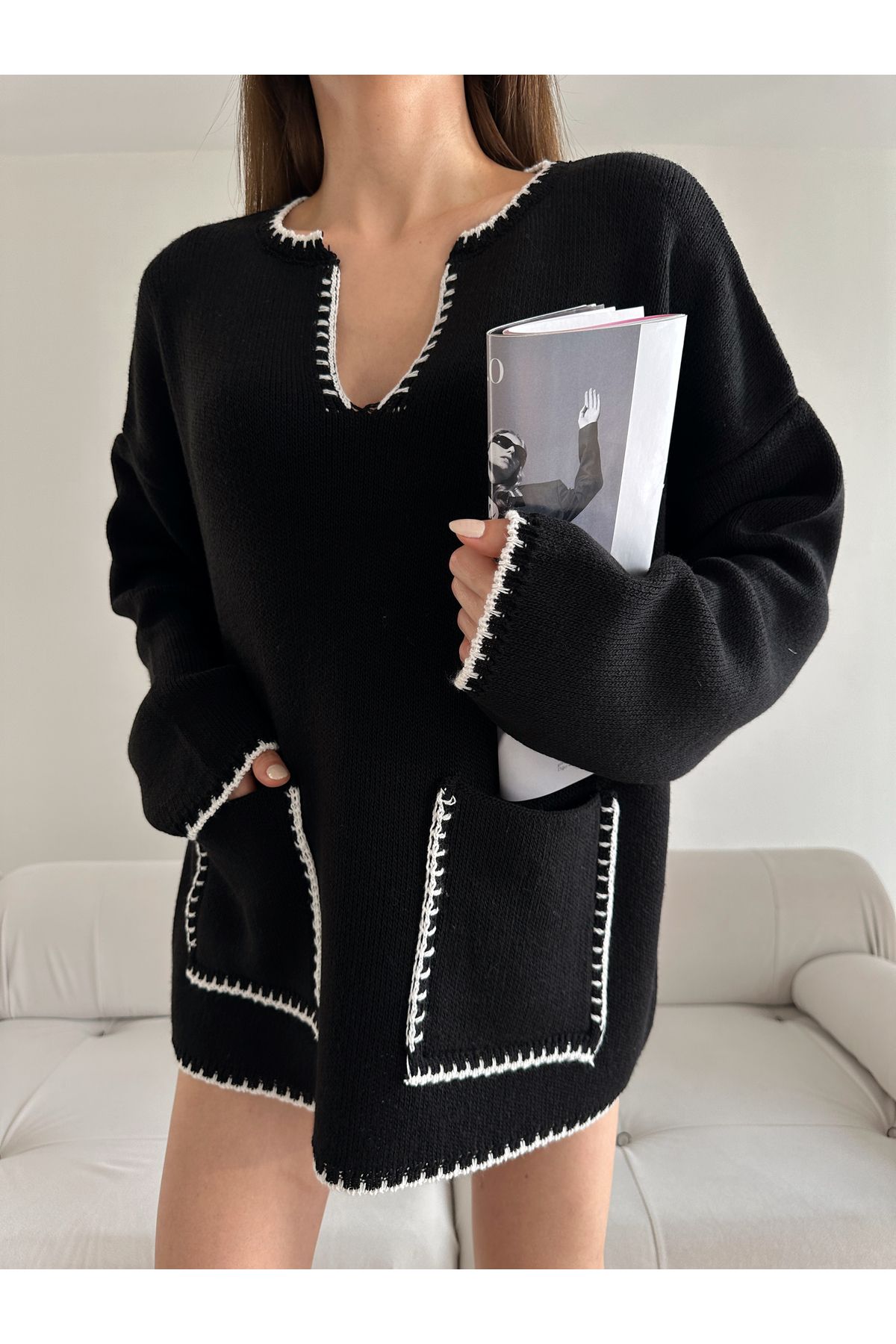 vivario Women s Oversize Shepherd s Stitch Pocket Sweater Trendyol