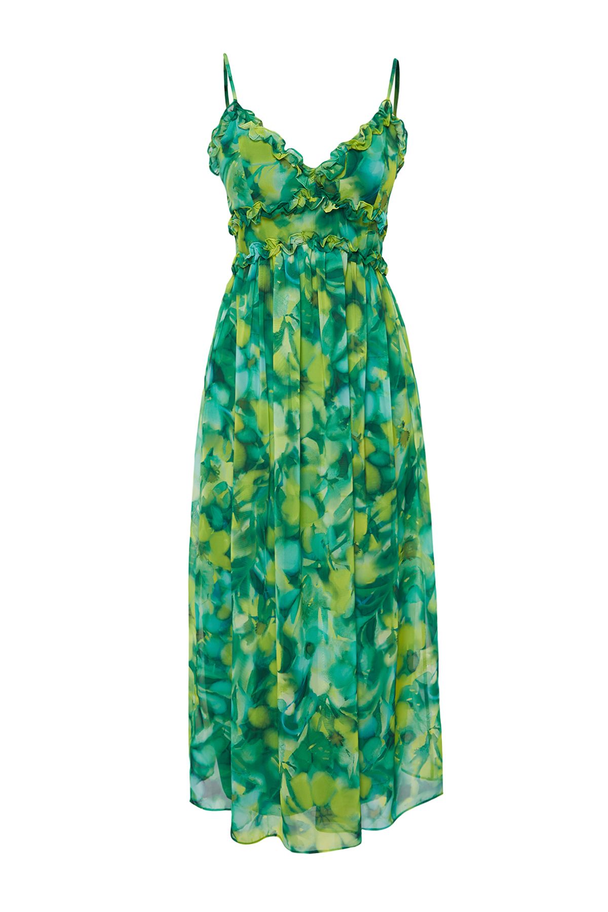 Trendyol Collection-Grünes A-Cut-Maxikleid aus gewebtem Chiffon mit Blumenmuster, Rüschendetail und Futter TWOSS23EL02013 7