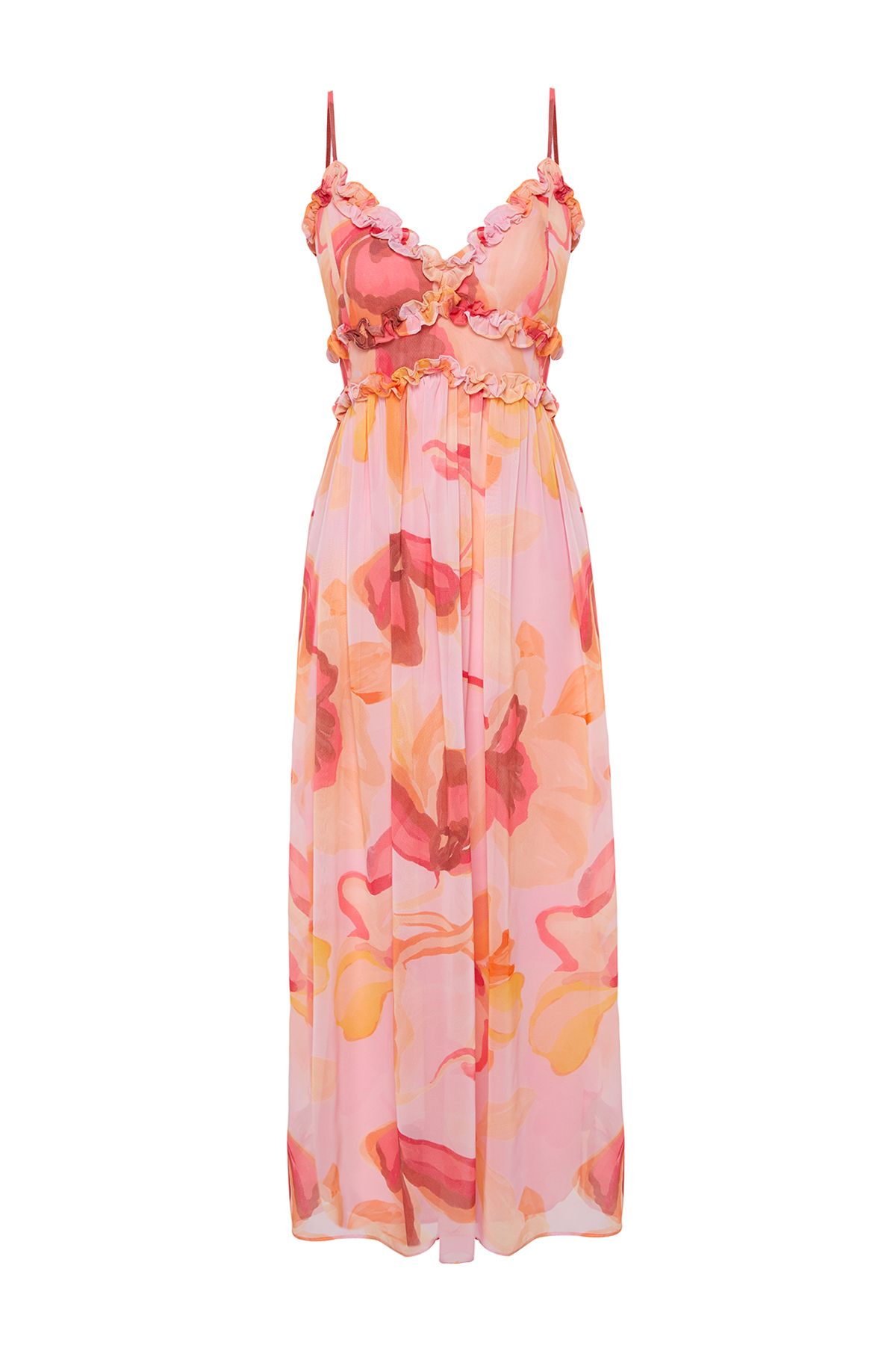 Trendyol Collection-Rosa A-Ausschnitt Maxikleid aus gewebtem Chiffon mit Blumenmuster, Rüschendetail und Futter TWOSS23EL02013 7