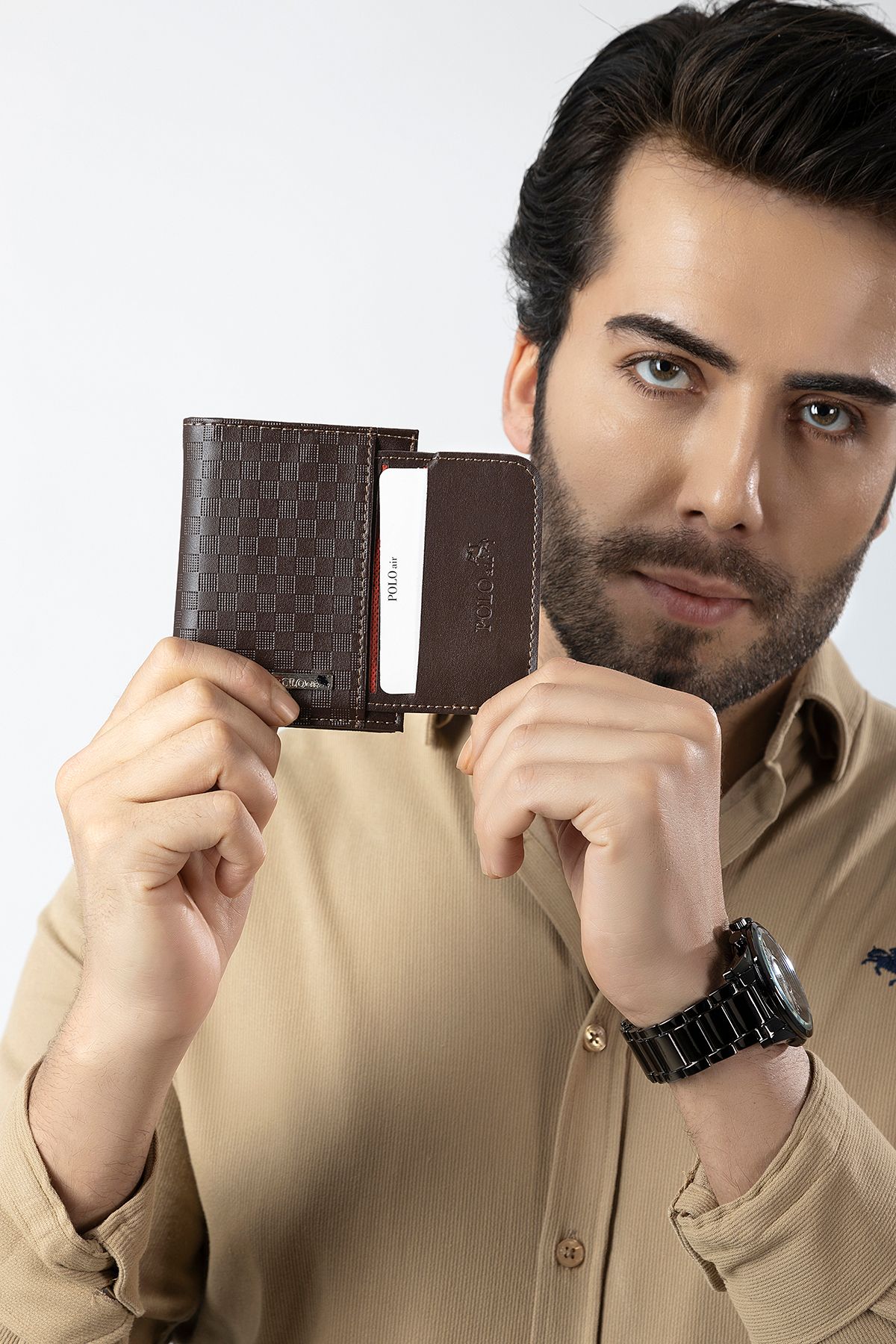کیف پول مردانه با چکرز و کارتریج قهوه ای polo air
