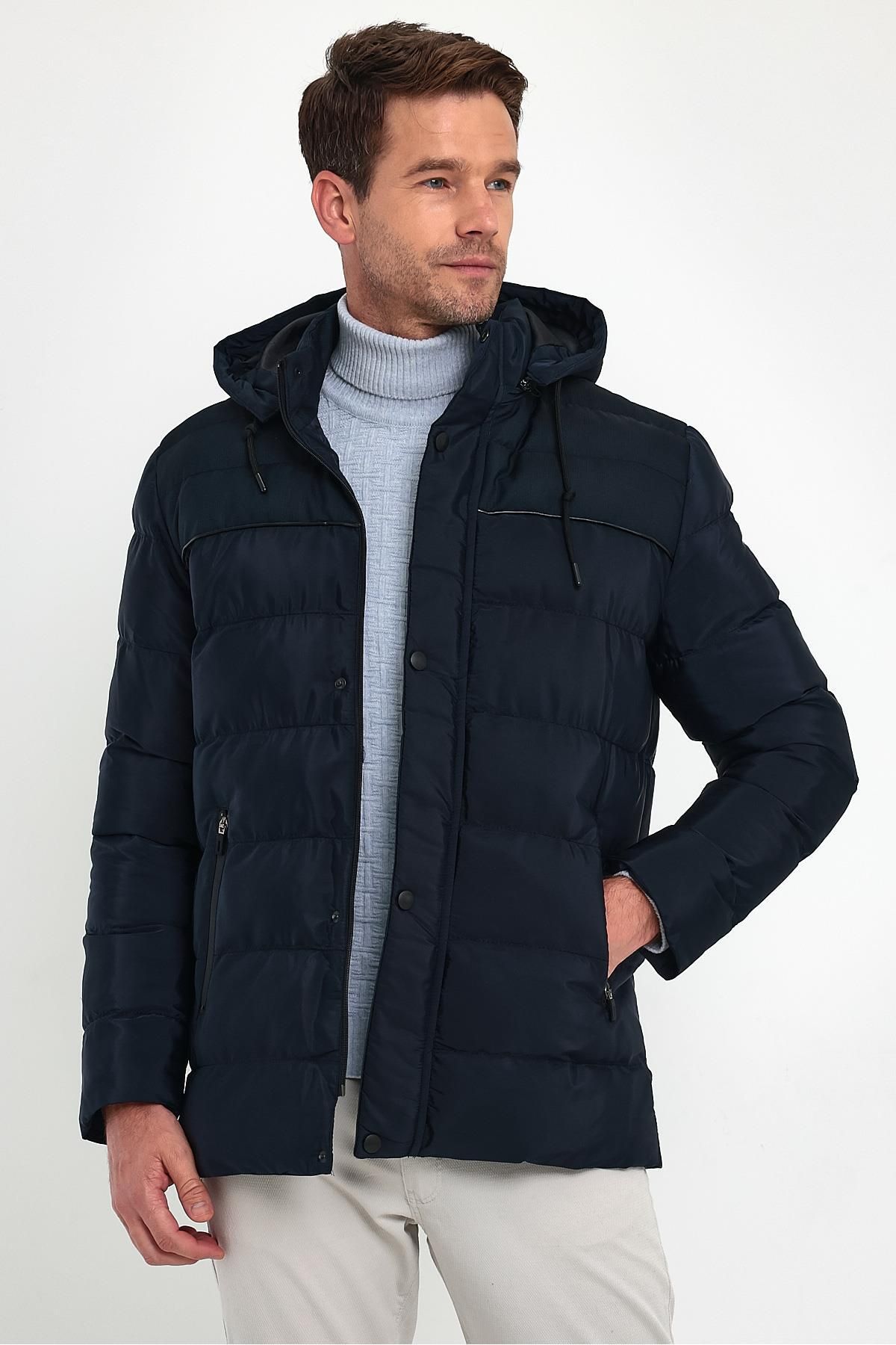 Mens navy coat with fur hood best sale