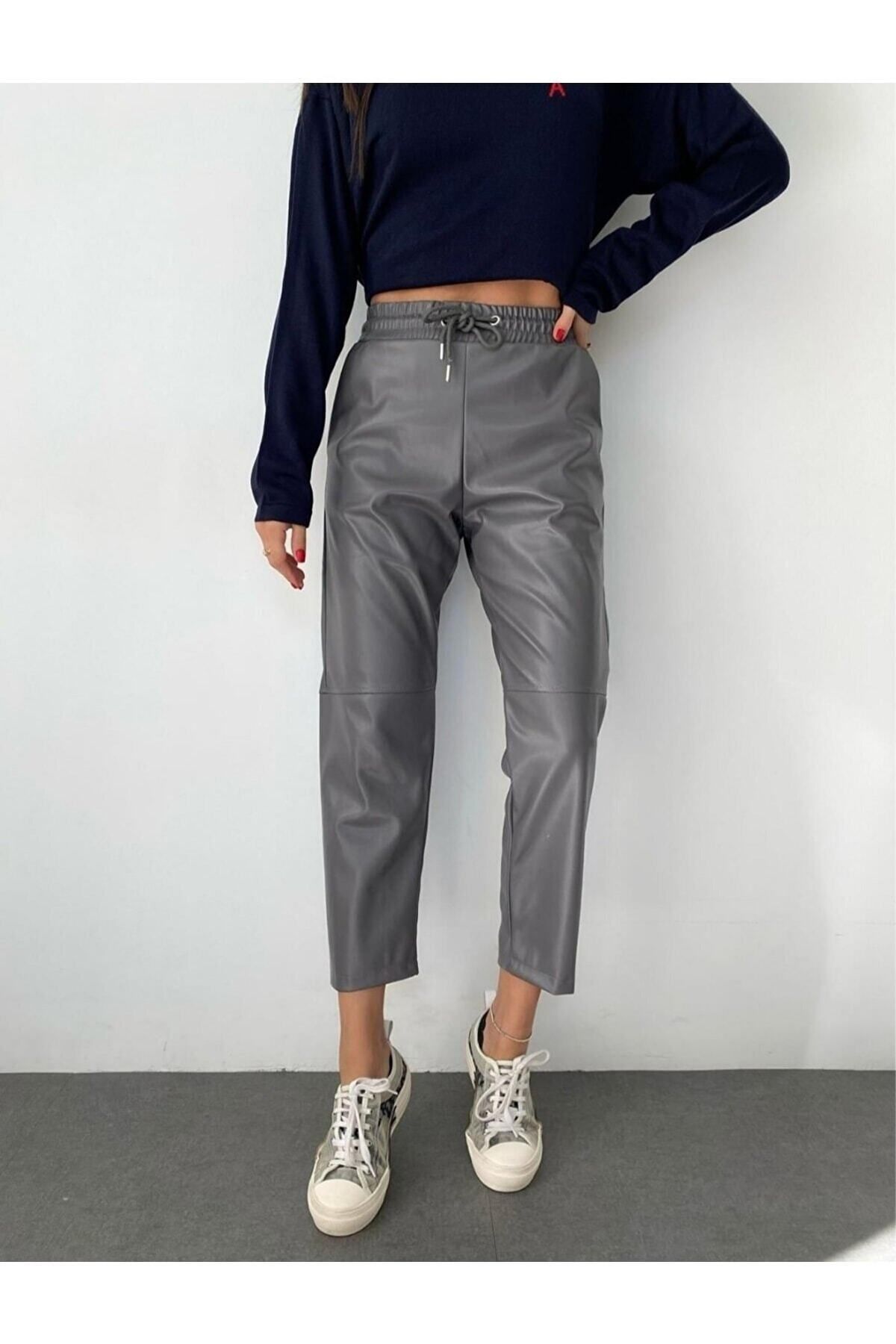 Grey leather on sale trousers