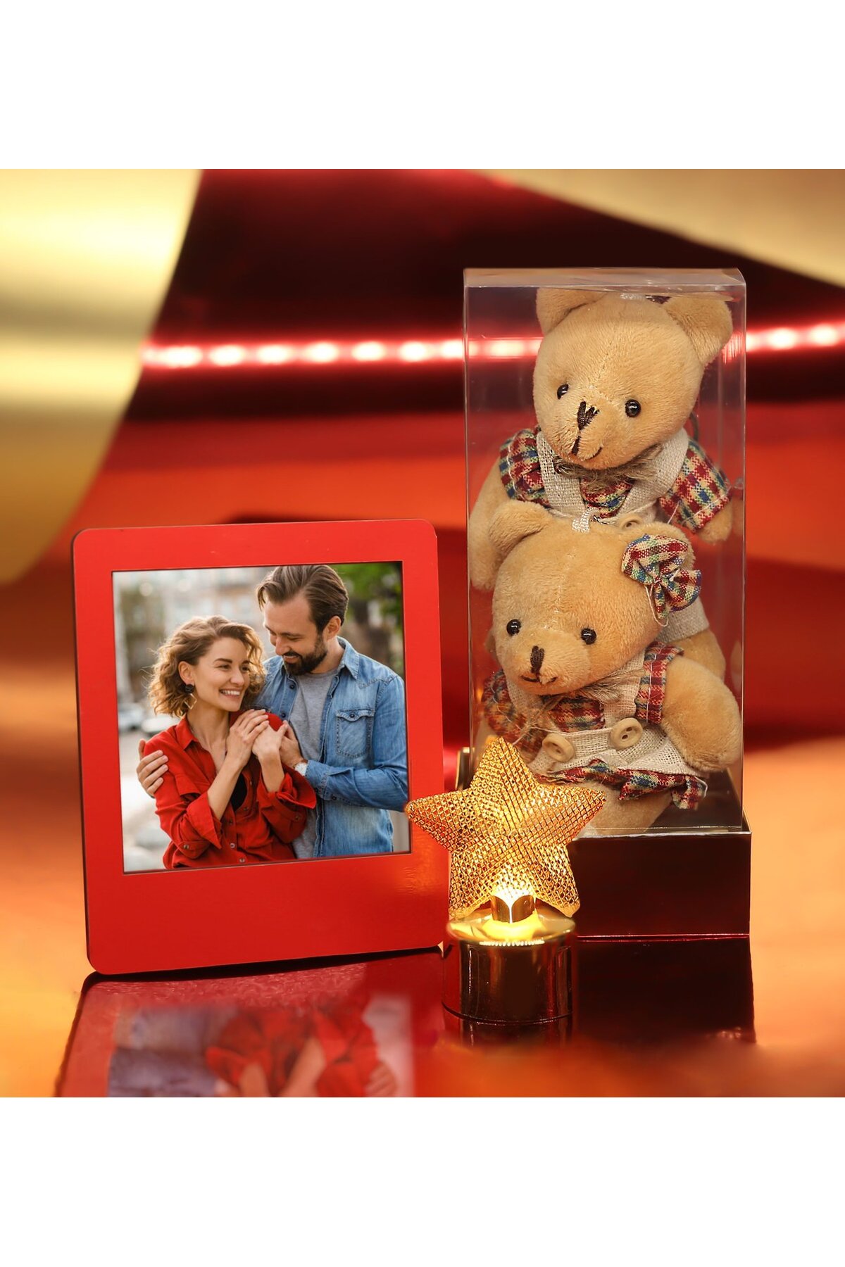 SPECIAL FOR VALENTINE'S DAY Frame & Double Teddy Bear & Decorative Star LED Light Gift Set