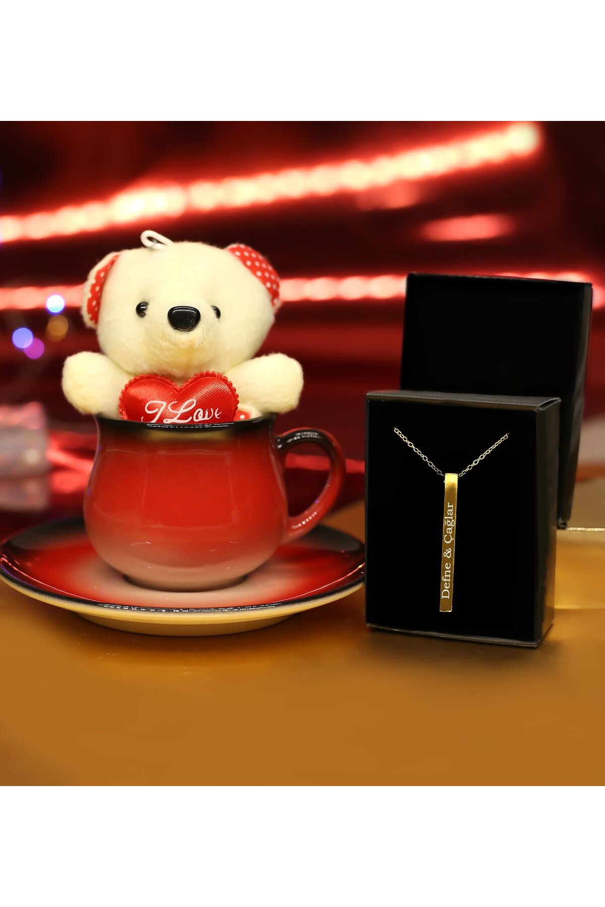 Personalized Gold Color Stick Necklace & Cup & Big Teddy Bear Keychain Gift Set FOR VALENTINE'S DAY