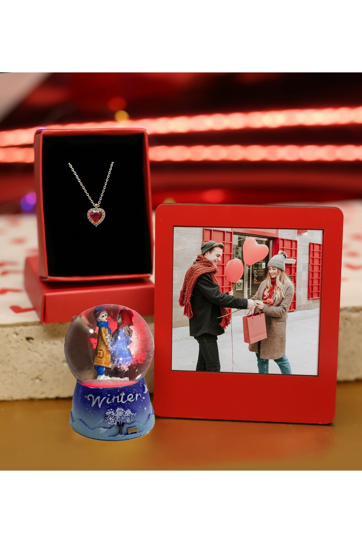SPECIAL FOR VALENTINE'S DAY Frame & Stone Heart Necklace & Lighted Snow Globe Gift Set for Couples