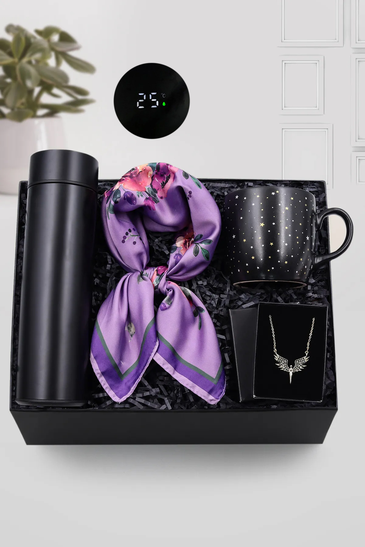 Trendmiya Siyah Dereceli Termos & Yıldızlı Kupa & Siyah Taşlı Mikail Melek Kolye & Fular Hediye Seti